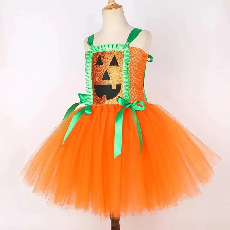 Orange Halloween Pumpkin Costumes for Girls Horror Disguise Outfit Child Carnival Party Fancy Tutu Dress with Witch Hat Handbag