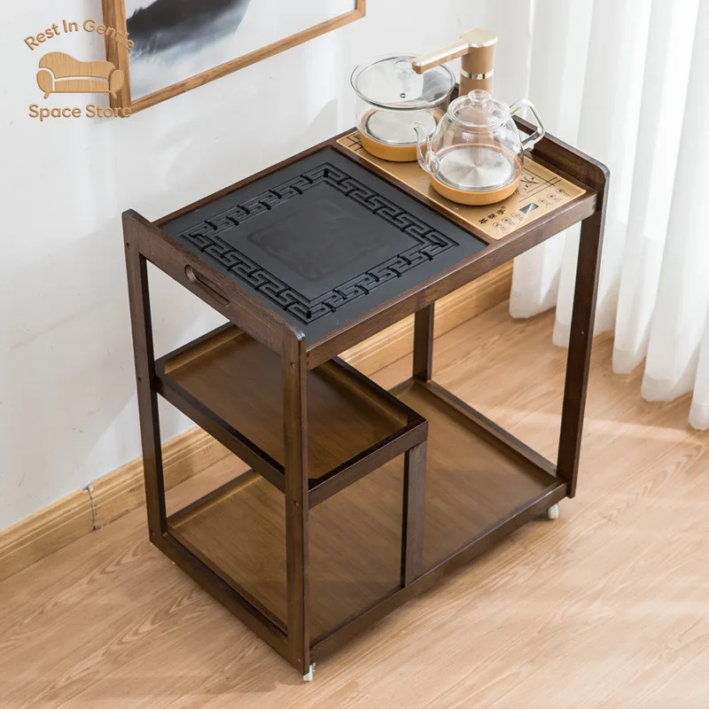 Tea table household small tea table Nanzhu mobile coffee table  cart living room balcony boiling water