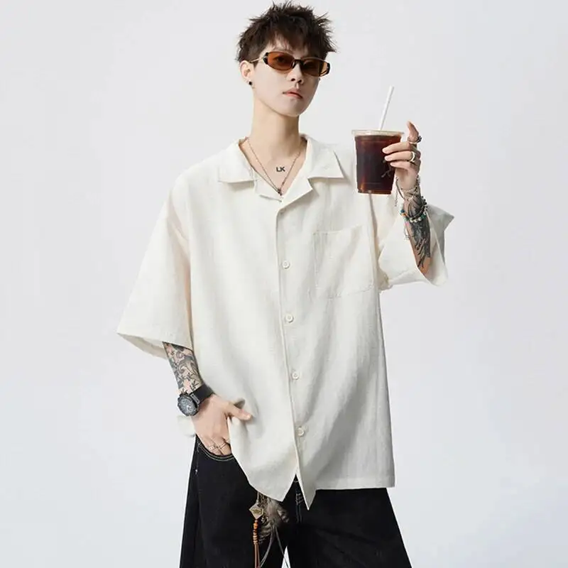 Summer Vintage Men's White Shirt Oversized Fit Short Sleeve Single Breasted Casual Daily Premium Blouse Tops MBCU