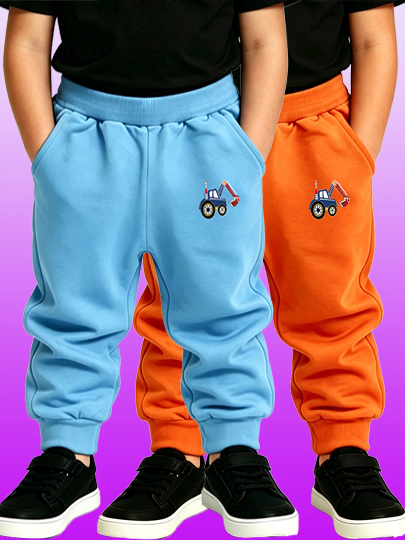 2 PCS Children's Pants Kids Polyester Knitted Excavator Print Sweatpants Elastic Waist Casual Jogger Trousers(SkyBlue/Orange)