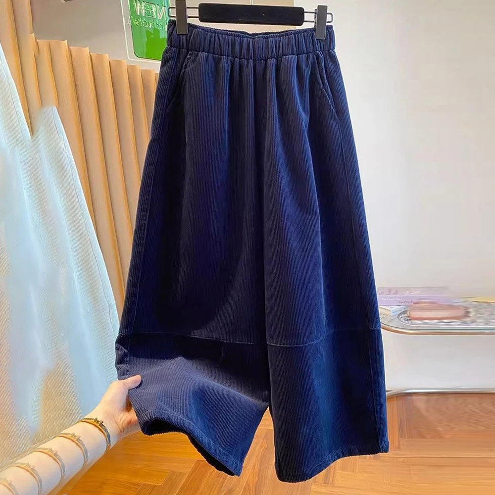 good-looking corduroy pants women's winter fleece thickened 2025 new loose wide-leg  straight-leg  nine-point pants