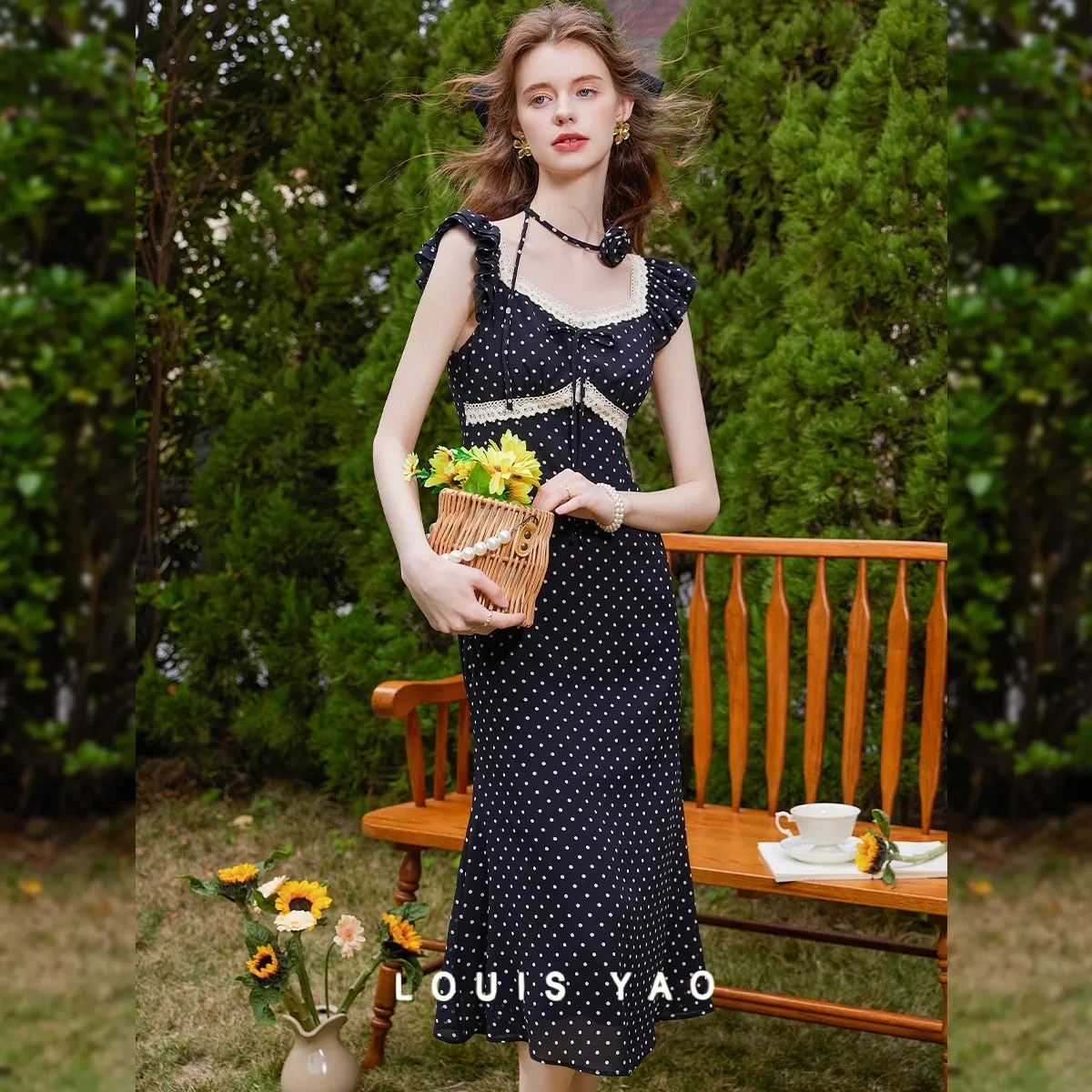 

LOUIS YAO Flying Sleeve Dress 2025 Summer New Square Neck Polka Dots Long Dress Contrasting Colours Splicing Slim Women's Dress
