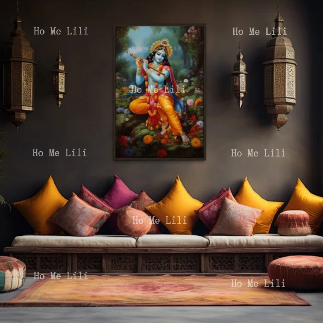 Lord Krishna Playing Flute In Vrindavan Forest Colorful Painting Canvas Print Indian Deity Wall Art Unframed