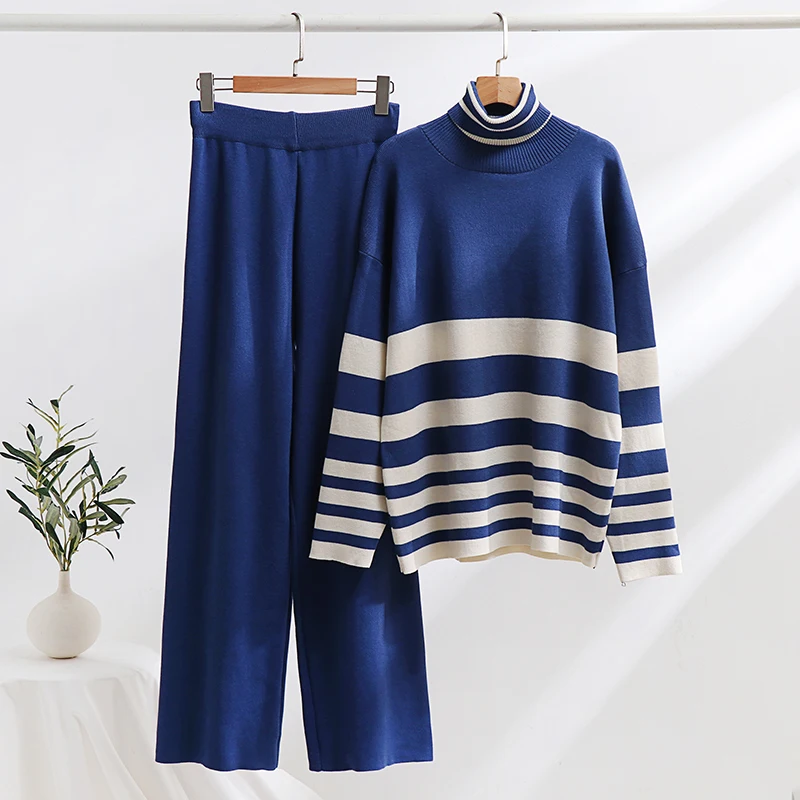 Elegant Turtleneck Stripe Sweater Matching Sets Loungewear Women Knit Pants Suit Casual Winter Knitted Two Piece Sets Women 2024