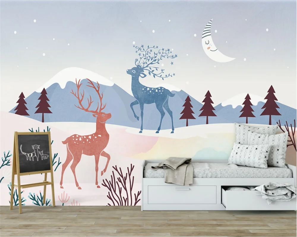 

custom 3D modern stylish tree moon elk cartoon children room wallpaper deer living room sofa TV backdrop bedroom dining room 8d
