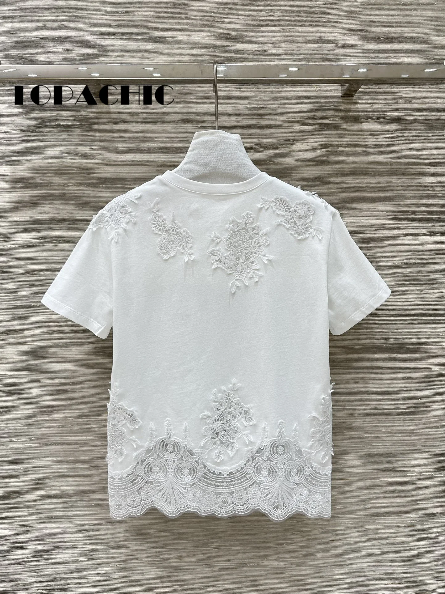 1.18 TOPACHIC 2025 Spring Summer New Women Hem Lace Spliced Cotton Tee Classic All-matches O-Neck T-Shirt