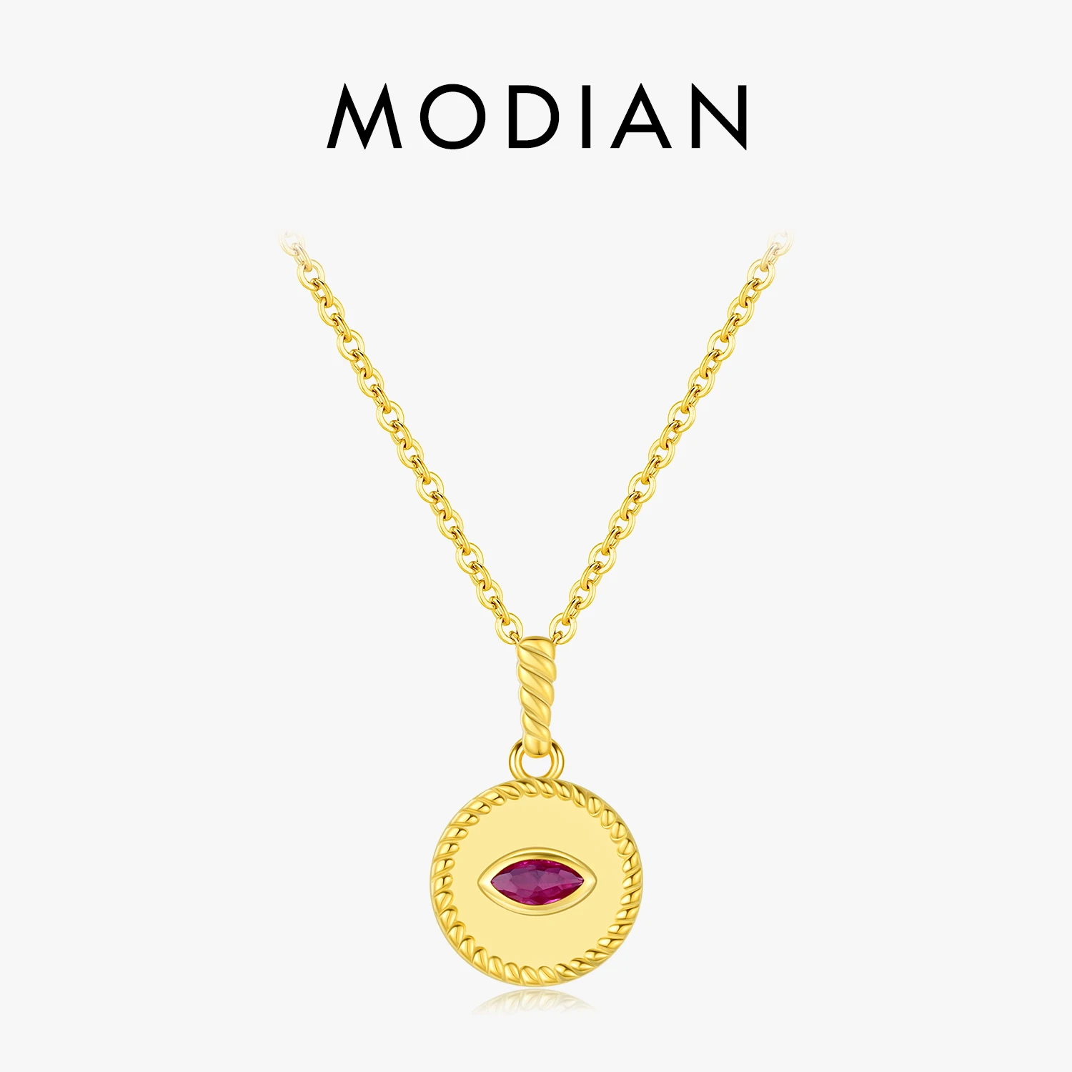 

MODIAN 925 Sterling Silver Retro Frosted Pigeon Blood Red Pattern CZ Link Chain Pendant Necklace For Women Fine Jewelry Gift