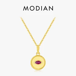 MODIAN 925 Sterling Silver Retro Frosted Pigeon Blood Red Pattern CZ Link Chain Pendant Necklace For Women Fine Jewelry Gift