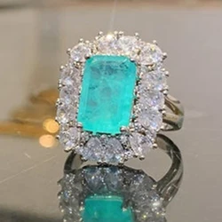 Huitan Gorgeous Square Blue Stone Ring for Women Engagement Wedding Party Luxury Accessories Anniversary Gift Fashion Jewelry