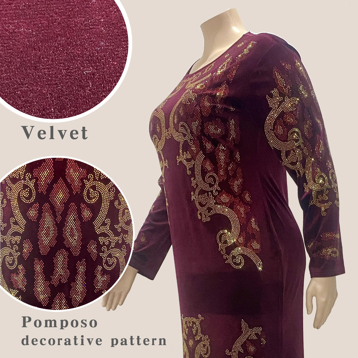 2024 New Muslim Velvet Maxi Dress Cocktail Party Evening Elegant Round Neck Velvet Formal Dress Long Sleeve Maxi Dress Clothing