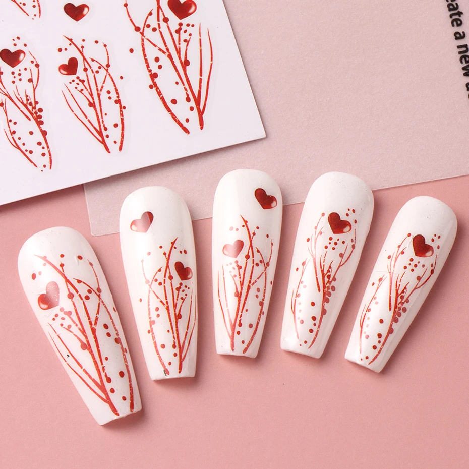 Ensemble d'autocollants pour ongles en forme de cœur, décalcomanies pour ongles en forme de cœur, ligne rouge et rose, modèles d'ongles auto-adhésifs romantiques pour femmes et s, accessoires pour ongles