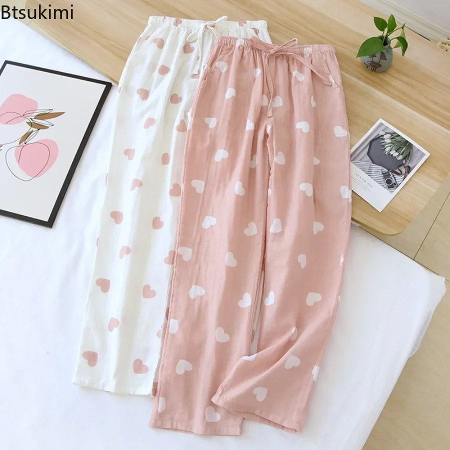 

Hot Sale Love Heart Printing Sleep Bottoms for Women 100% Gauze Cotton Loose Casual Home Trousers Women Cute Sweet Pajama Pants