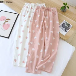 Sıcak Satış Aşk Kalp Baskı Uyku Dipleri Kadınlar için % 100% Gazlı Bez Pamuk Gevşek Rahat Ev Pantolon Kadın Sevimli Tatlı Pijama Pantolon