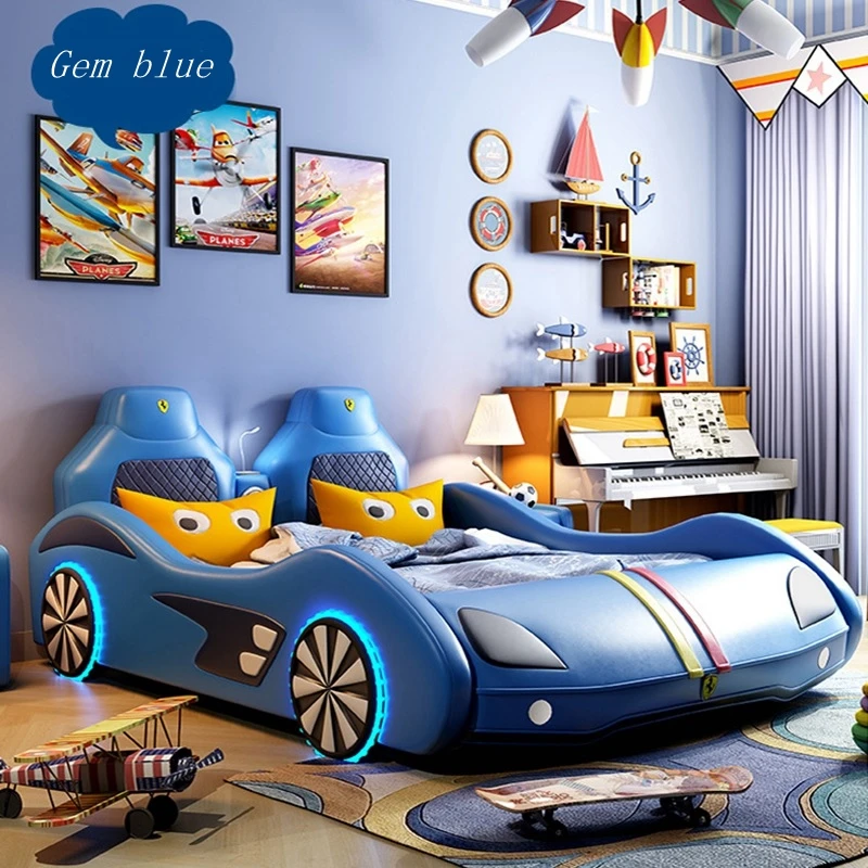 1.2m boys and girls cartoon leather Children's car bed with high box Solid wooden with guardrail multi-functional kids beds