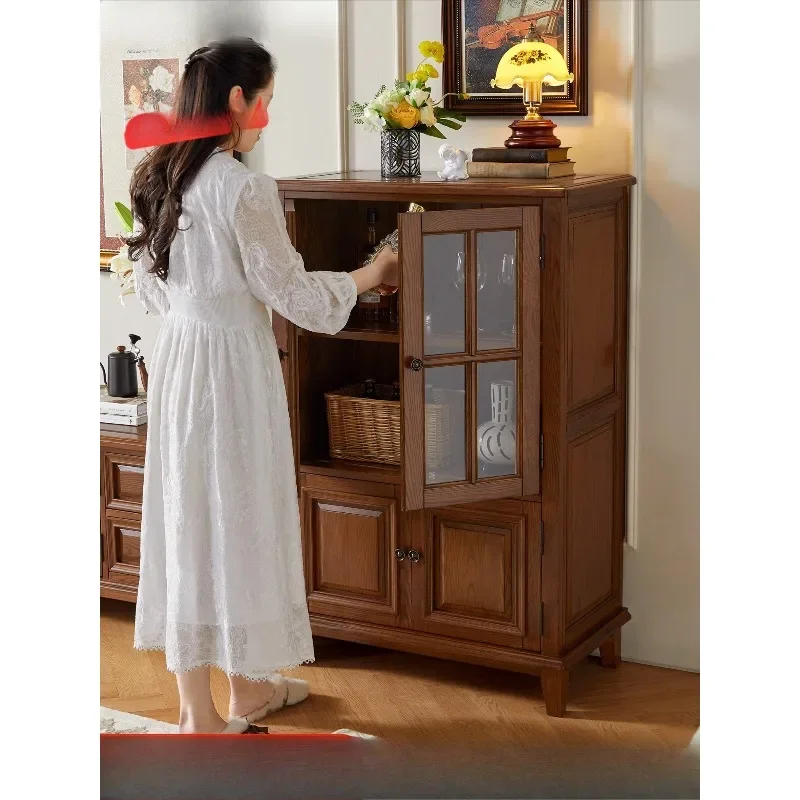 American all-solid wood wine cabinet against the wall Living room wine cabinet Double door high-end light luxury side cabinet