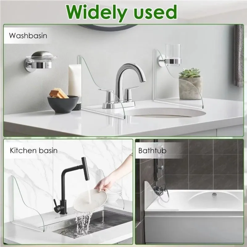B03C-Transparent Waterproof Acrylic Bathtub Splash Guard-Self-Adhesive Water Baffle Plate 2Pc For Washbasin Sink Install