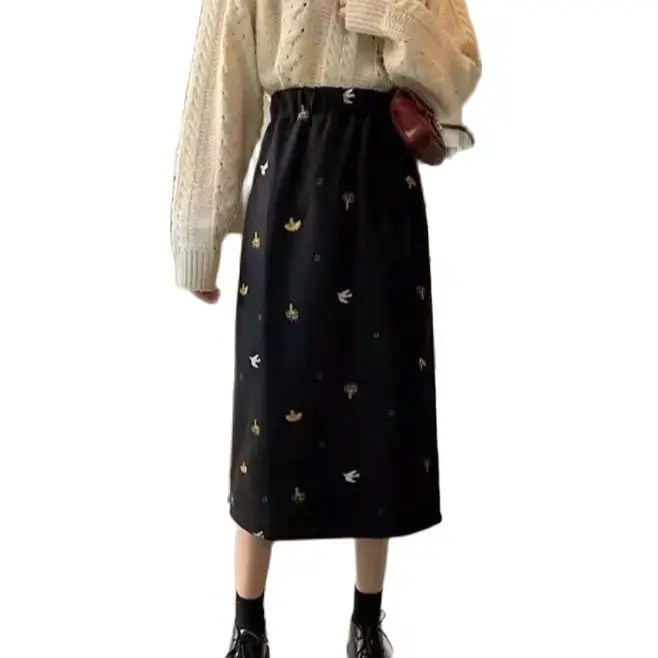 Woolen Dress With High Waist Vintage Corduroy Skirt Women Autumn Winter New Loose Embroidery Floral High Waist Long Skirts