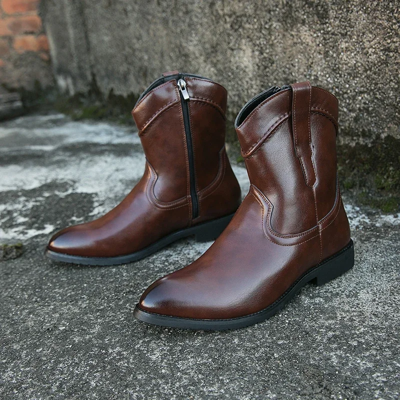 New Arrival Men\'s Cowboy Boots Brown Western Zipper Handmade Ankle Boots for Men Size 38-48 Combat Boots