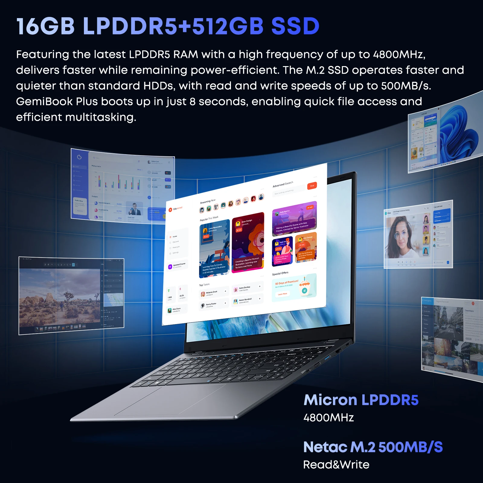 ordinateur portable GemiBook Plus 15.6 "Intel Alder Lake N100 UHD gráficos 16GB RAM 512GB SSD 1920*1080P avec WIFI6 Windows 11 ordinateurs portables