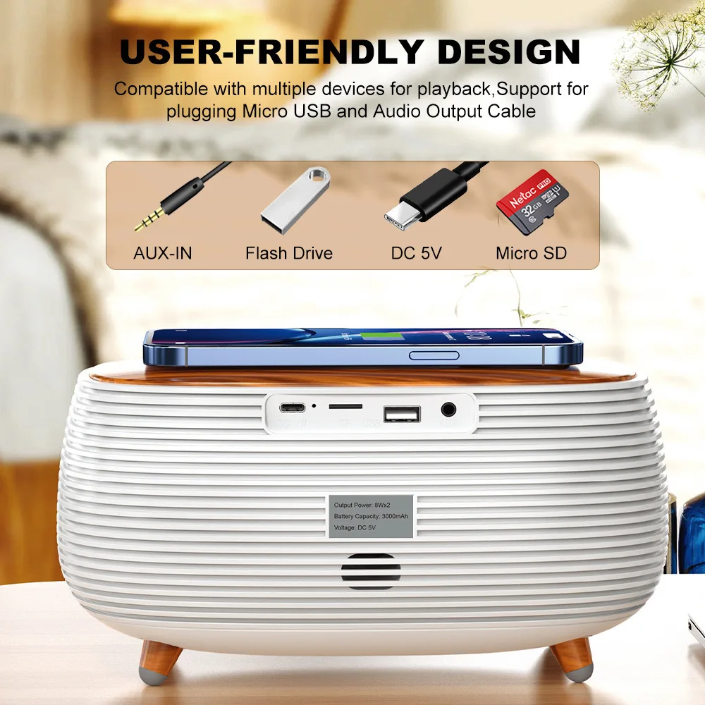 Bedroom Bedside Lamp Ambient Night Light Desktop Alarm Clock Multifunctional Bluetooth Speaker 15W Wireless Phone Fast Charging