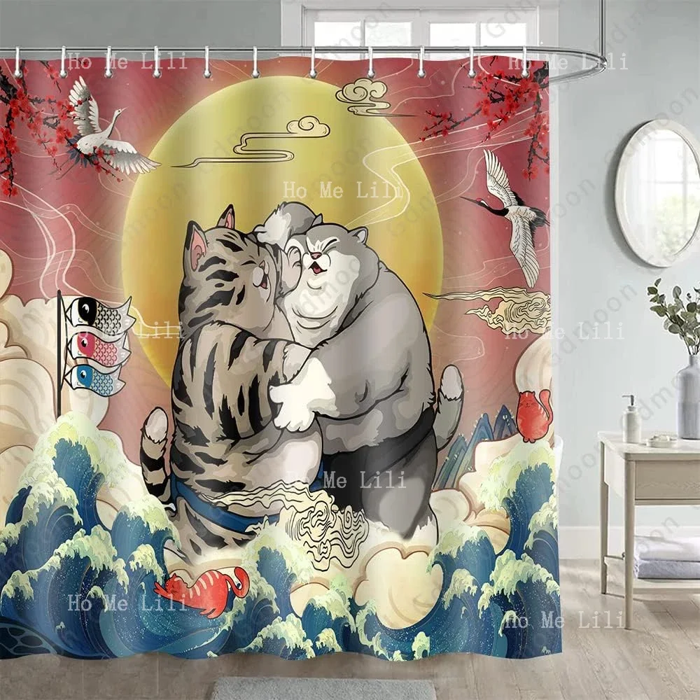 Japanese Cat Cute Funny Animal Ink Culture Sun Mount Fuji Waves Sumo Natural Landscape Bathroom Curtains 12 Hooks