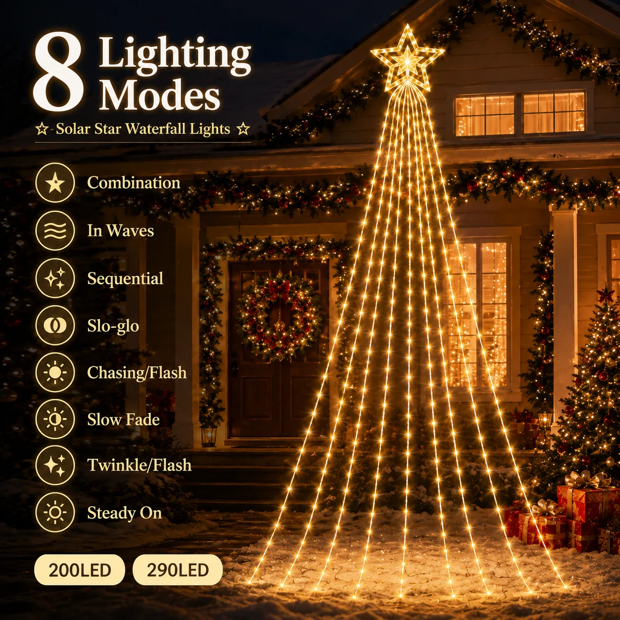 Solar Star Waterfall Lights 200/290LED 8 Modes Cascading Fairy String Lights for Outdoor Yard Garden Patio Christmas Holiday Dec