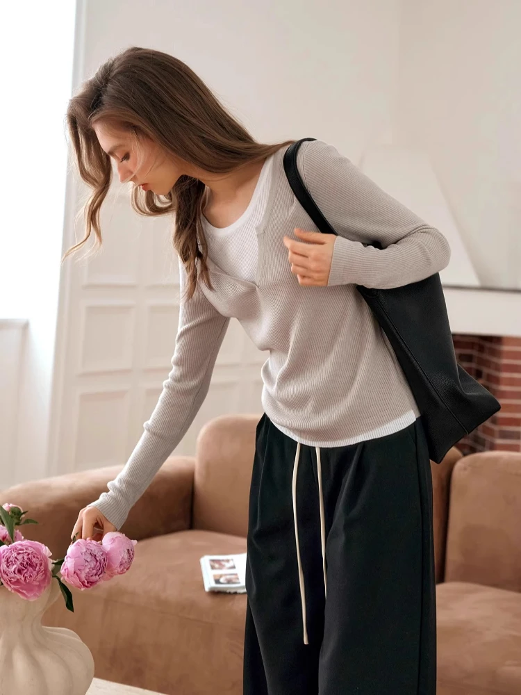 

OLrain французские поддельные футболки из двух предметов, женские осенние 2023, новый вязаный пуловер, топы с длинными рукавами для поездок на работу, O57QZ92360