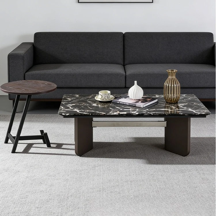 Light luxury rectangular coffee table combination, countertop wooden leather black edge table