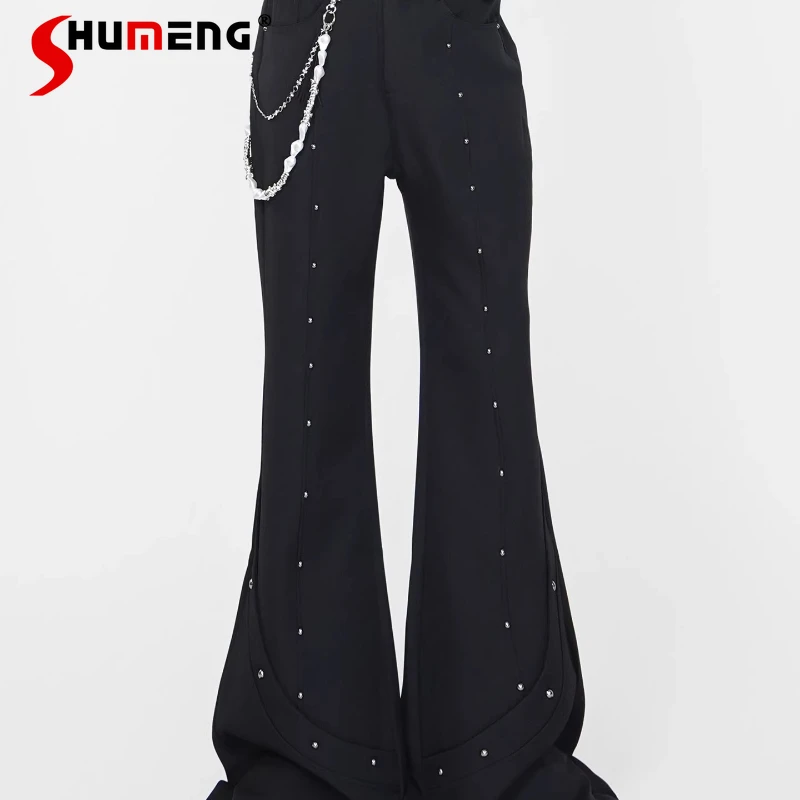 

High-End Metal Rivet Design Micro Flared Trousers Men 2025 Four Seasons Wear New Long Pants Male Handsome Fashion Chic Trousers