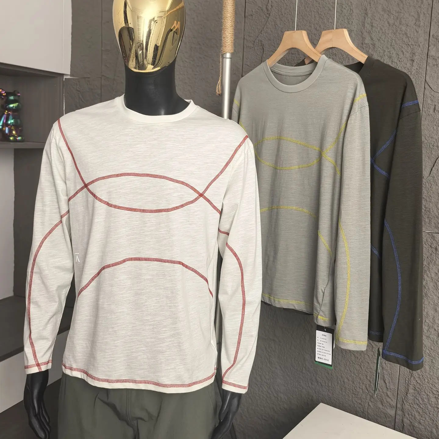 Casual Long Sleeve T-Shirt for Couples Commute Breathable Sporty round Neck Hsu Line Color Block Arc Design Moisture Wicking