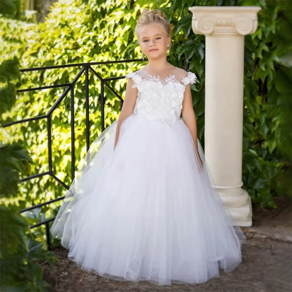 

Flower Girls Dresses Applique Fluffy Kids Sleeveless O Neck Lace New Bow Pretty Princess Wedding Custom Formal wear