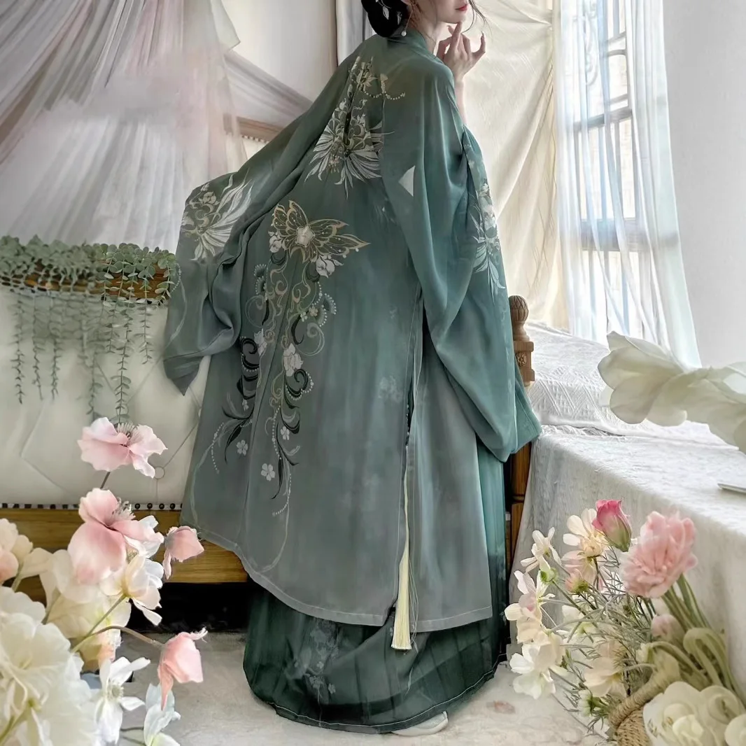 هان الملابس أغنية المرأة النمط الصيني التقليدي المطبوعة الخصر مطوي تنورة تنفس الربيع والخريف