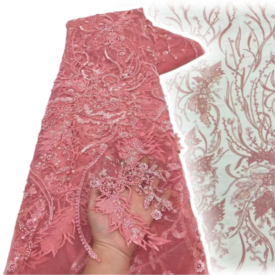 

New Luxurious Nigerian African Groom Beaded Lace Fabric Gold French Sequined Lace Fabric Suitable for Formal Dress Sewing 1929