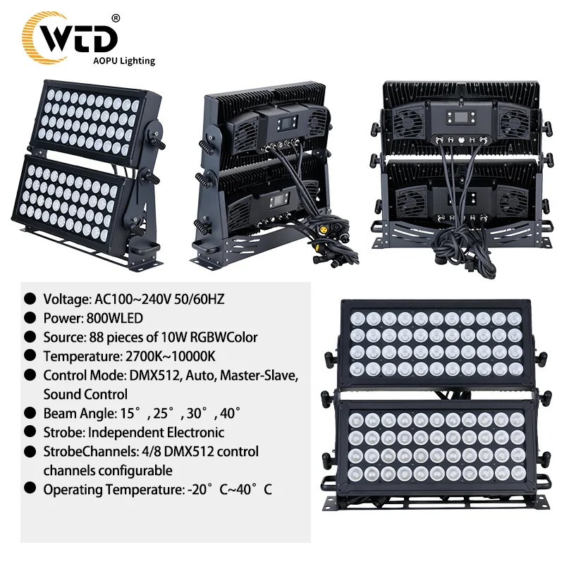 AOPU RGBW 88PCS 10W Outdoor Led Wall Washer Stage Lights IP65 FLed Dmx Flood Light for Facades Stadiums Squares Building Project