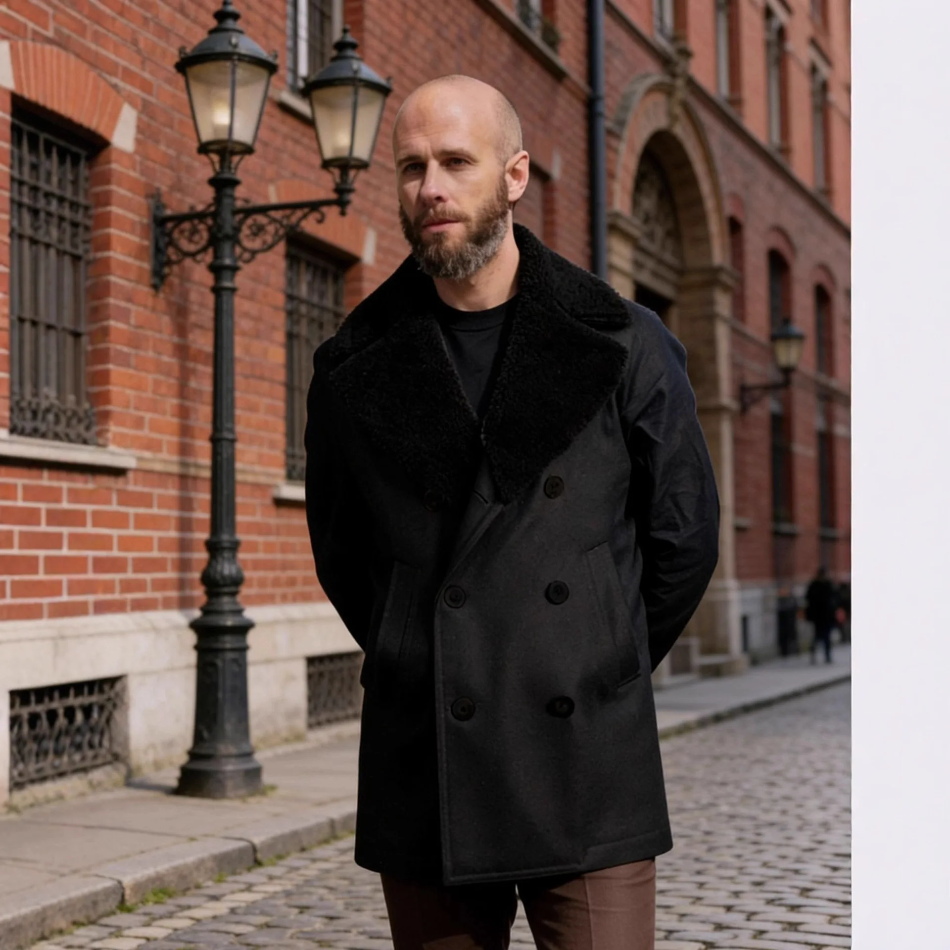 

Мужское пальто из шерстяной смеси с элементами пэчворка, сшитыми и соединенными частями, с креплением и фиксацией, стильное и функциональное.