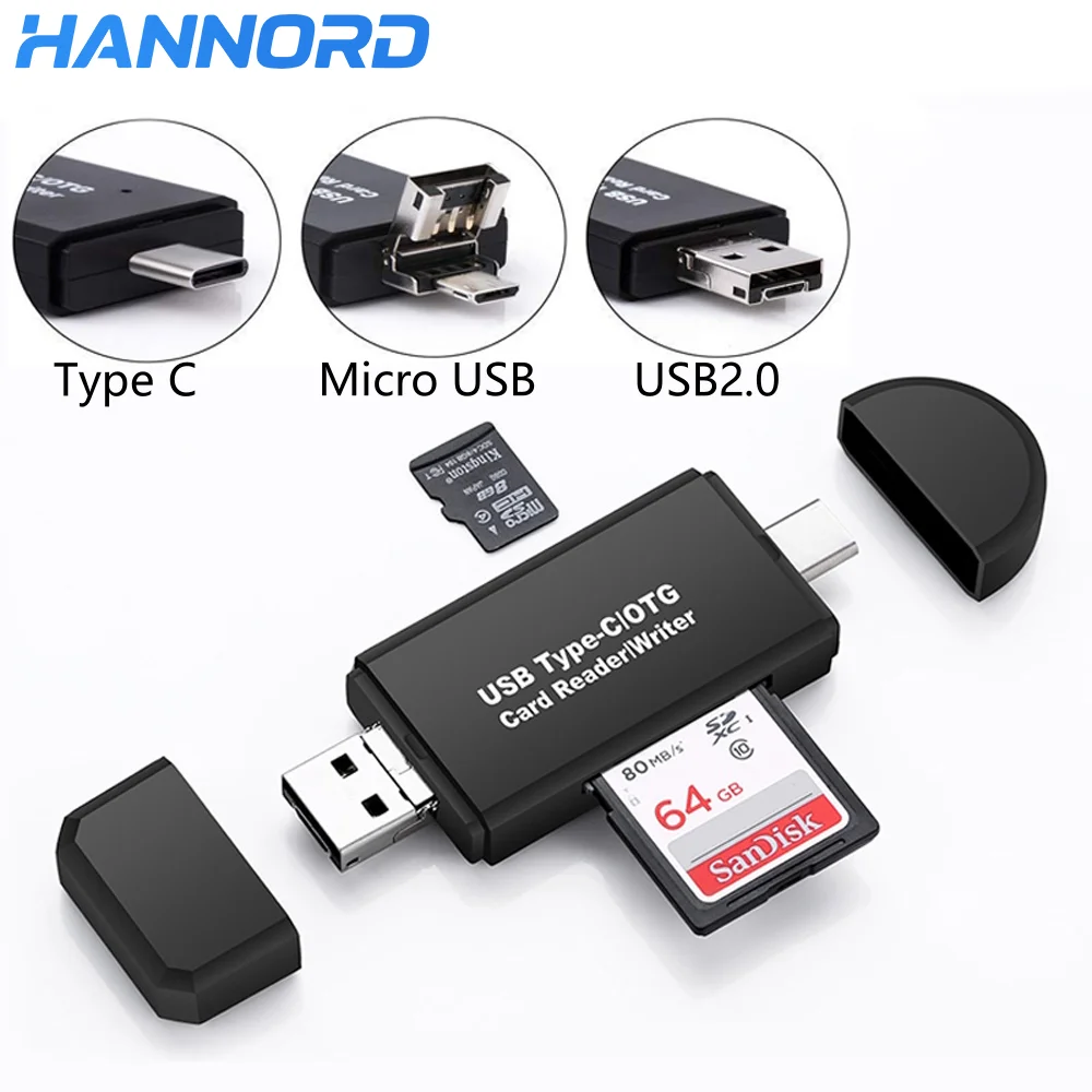 Hannord OTG 3 in 1 USB 3.0 Type C Micro USB to SD Micro SD TF Card Reader for PC Laptop Accessories Smart Memory Card reader