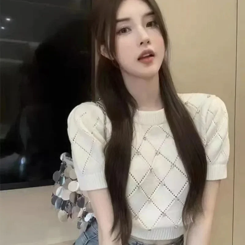 الماس ديكور محبوك سترة الكورية المرأة الصيف قصيرة الأكمام س الرقبة تريكو البلوز أنيقة أنيقة شيك لاعبا #6