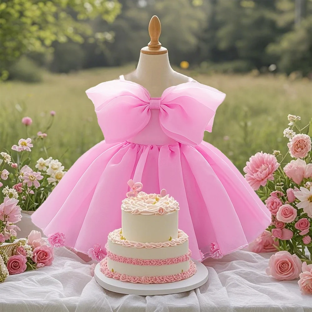 

Розовое милое платье для маленьких девочек с большим бантом, платье для молодой девушки, модная и текстурированная одежда для девочек, подходящая для вечеринок