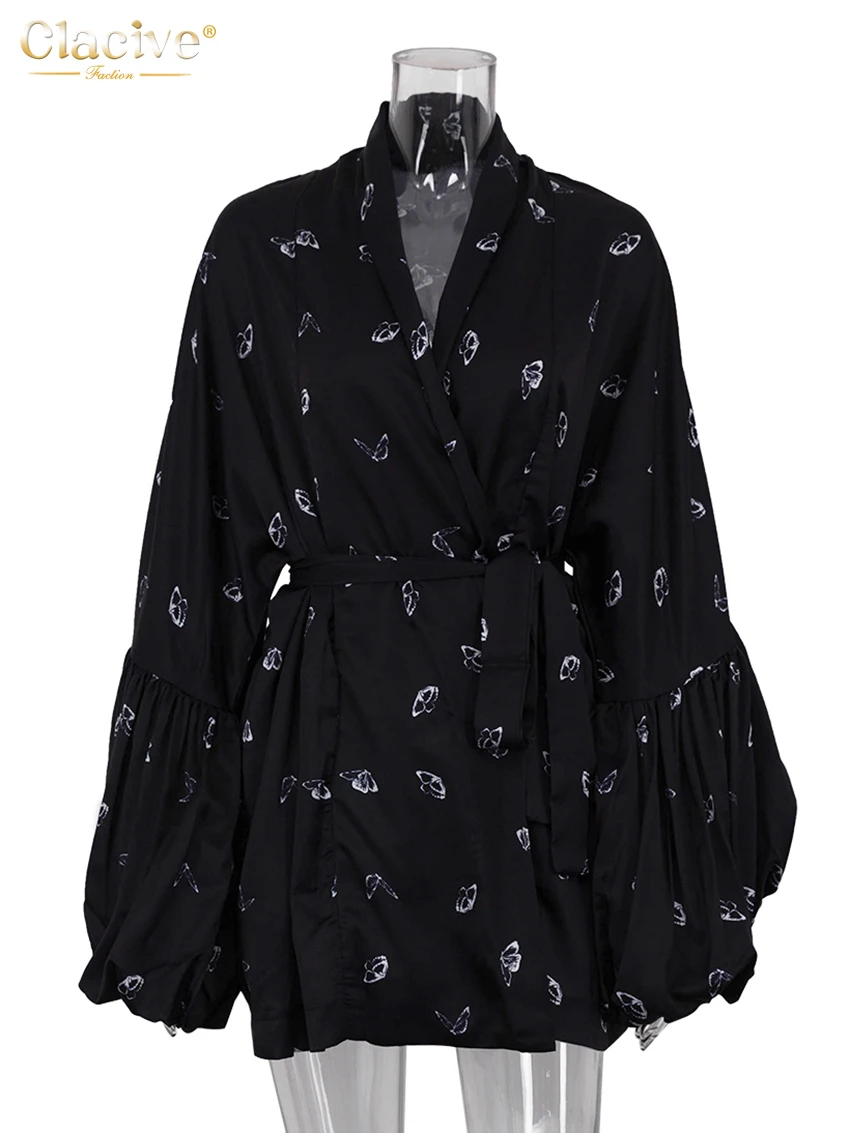 Clacive Fashion Loose Print Women\'s Dress 2025 Casual V-Neck Long Sleeve Mini Dresses Elegant Classic Lace-Up Female Dress