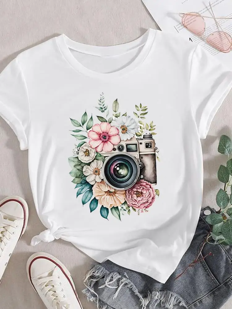 Fashion T Shirt Women Female Ladies Short Sleeve Clothes Camera Flower Sweet 90s Graphic T-shirt Print Top Clothing Tee