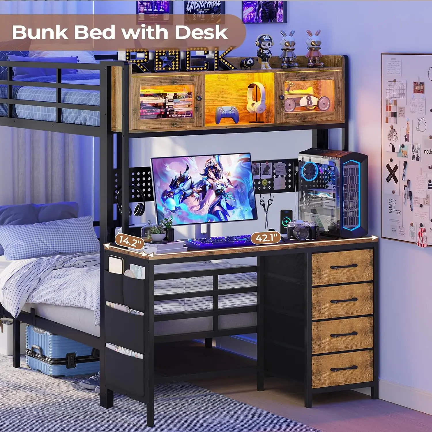 Bunk Bed Twin Over Twin with Gaming Desk,Rustic Brown | Bunk Beds with LED Light & Charging Station & Storage, Customized image 3