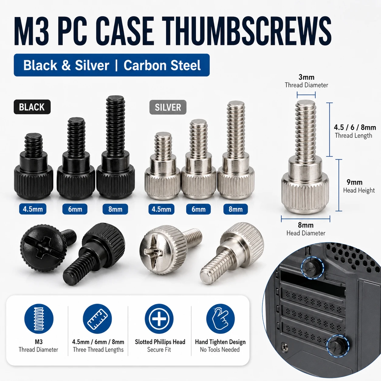 10-100Pcs M3 Black/Silver Carbon Steel Thumb Screws, Slotted Phillips Head Hand Tighten PC Computer Cover Fasteners
