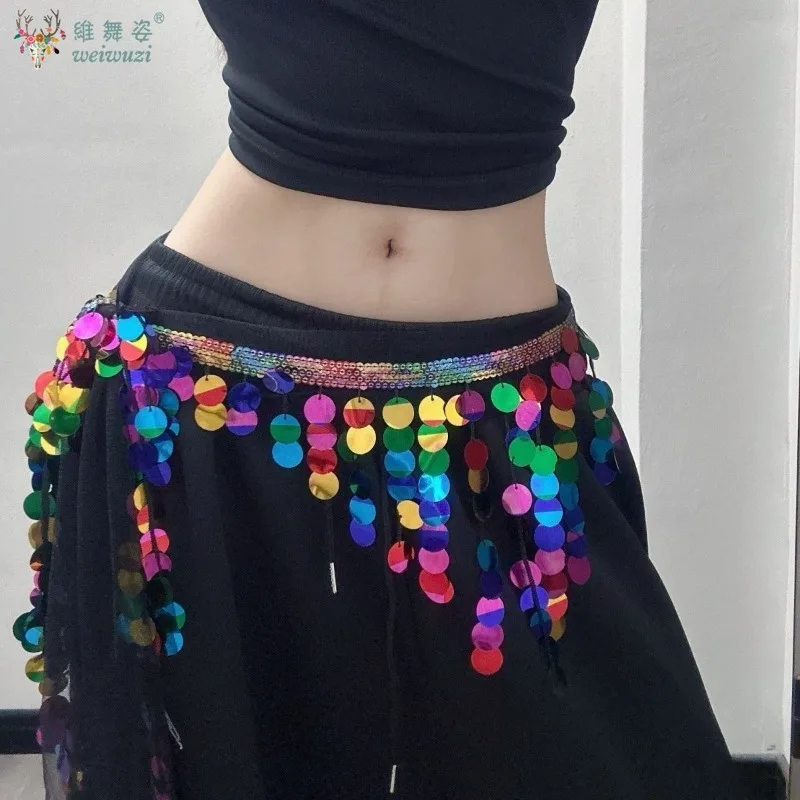Cinto de prática de dança do ventre, lantejoulas coloridas, corrente de cintura, cortina de peido para dança de jazz, acessórios de treinamento de dança oriental para adultos