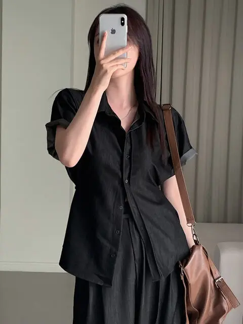 

Women's Casual Loose Denim irt Jaet Roll Sve Collar Long Pants Two-Piece Set Slimming Wide Leg Straight Cut Jeans