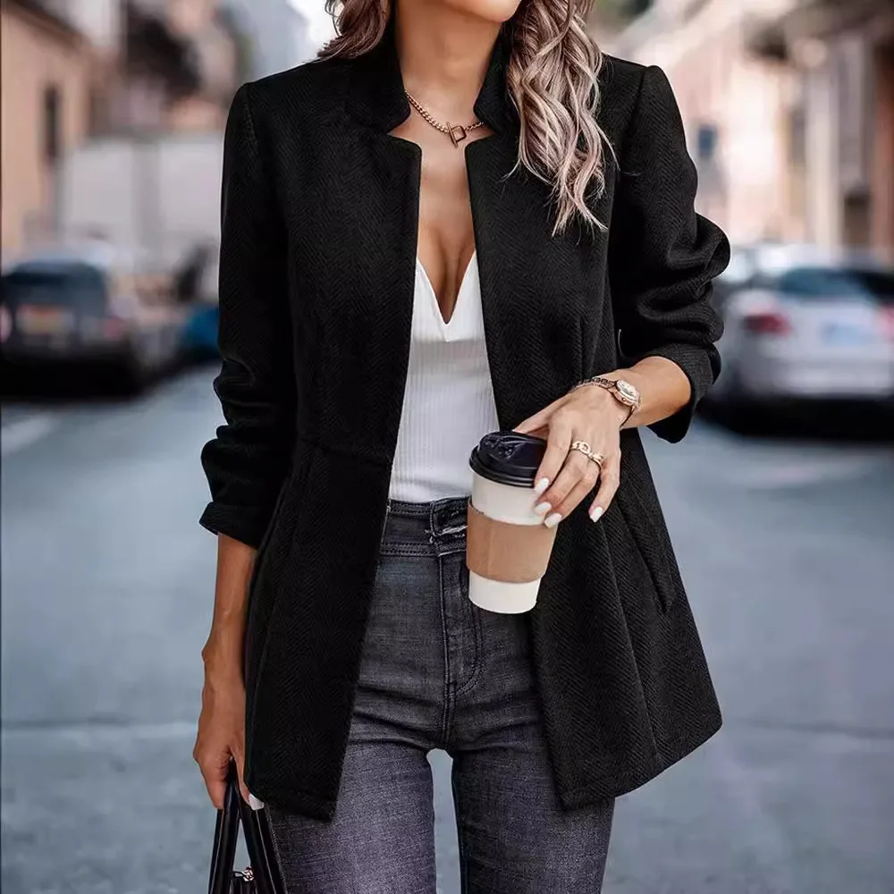 유럽 및 미국 여성용 재킷 슬림 자카드 스플라이싱 기품 있는 출퇴근용 두꺼운 울 재킷 여성용