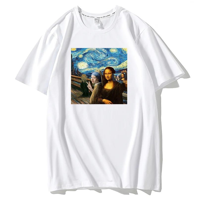 Hot Sale Fashion Mona Lisa Starry Knight Art Funny Group Selfie Cell Phone Meme Tshirt Men Funny Tee Shirt kids tops tees