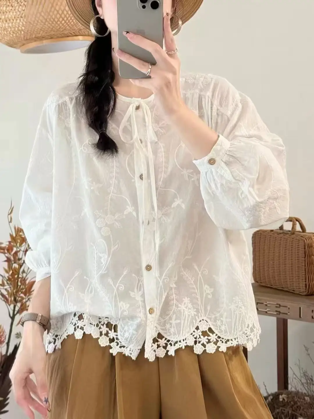 Bust 118cm mori kei clothing Japanese style white beige yellow lace embroidered shirts and blouses pure cotton boho clothing