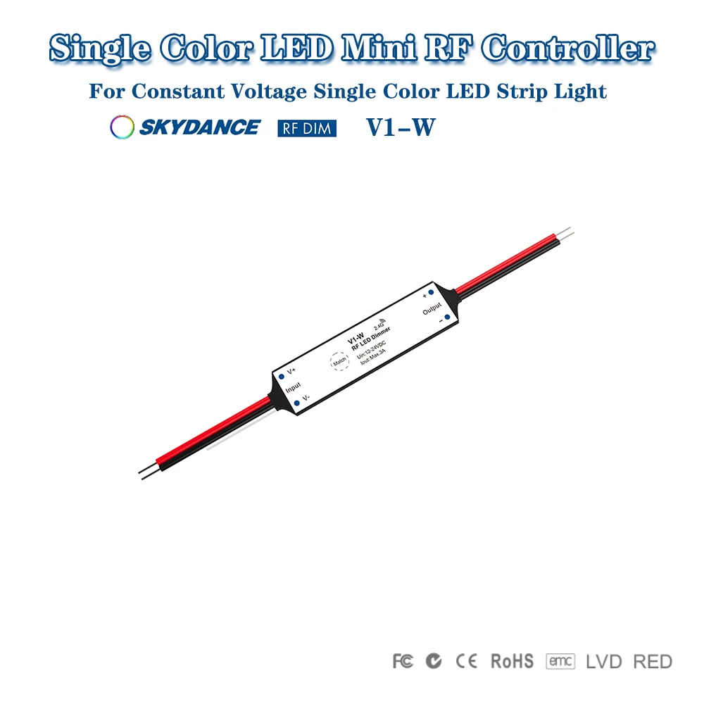 

Skydance V1-W V1-W(D) DC12-24V Mini 2.4GHzRF 5A 1CH Constant Voltage 0 -100% Dimming LED Controller For Single Color LED Strip