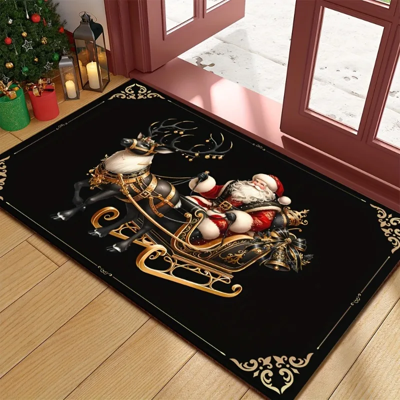 VIKAMA Christmas Doormat Non‑Slip Front Door Rug Washable Indoor Outdoor Xmas Golden Sleigh Winter Entrance Home Mat