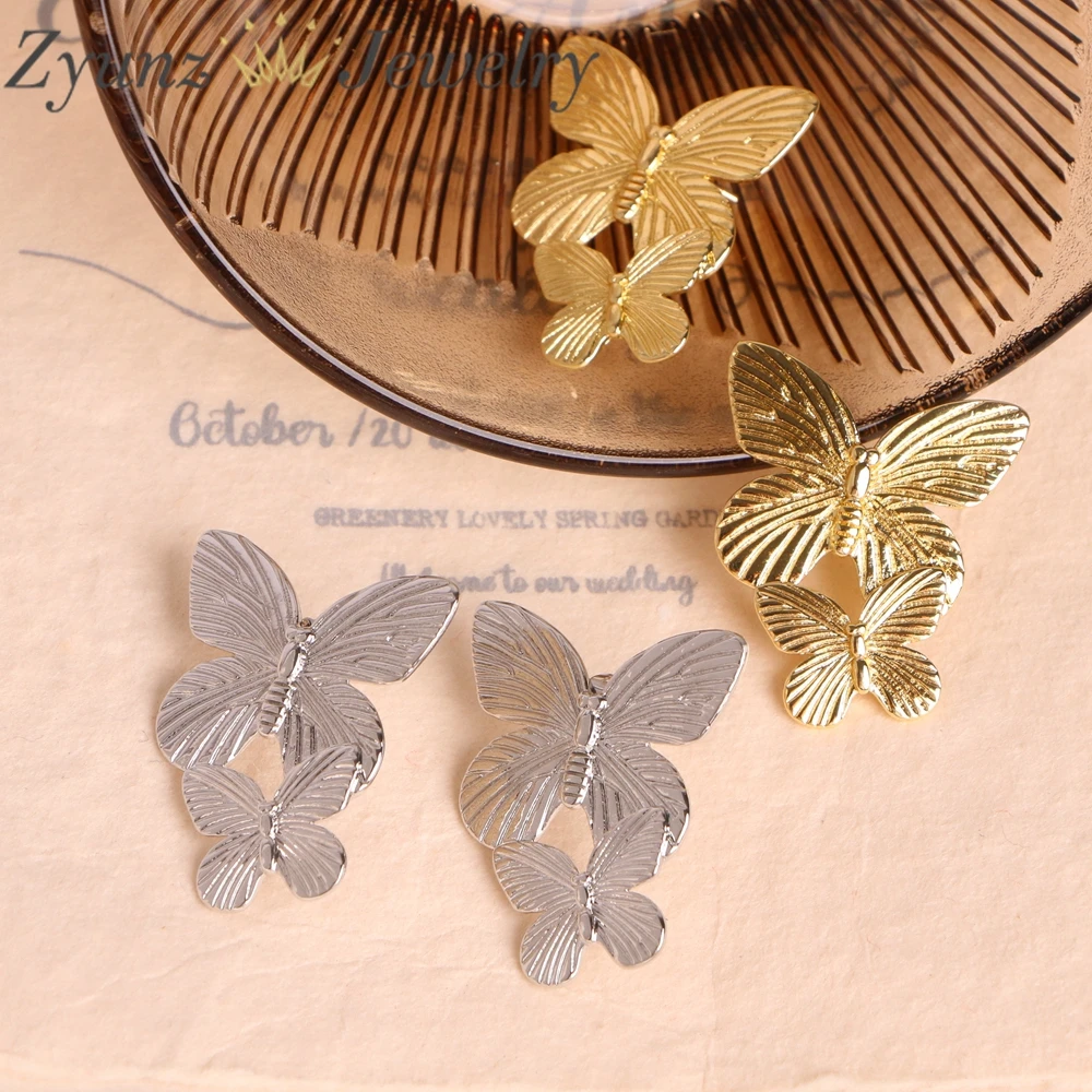 

5 Pairs, Gold Color Double Butterfly Stud Earrings for Women Girls Metal Vintage Texture Large Elegant Party Jewelry Gifts